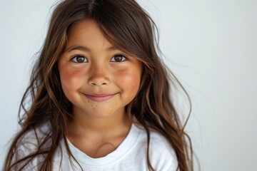 A young girl with brown hair and a white shirt is smiling