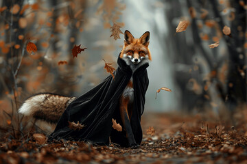 A chic fox draped in a velvet cloak strutting down a forest runway - obrazy, fototapety, plakaty