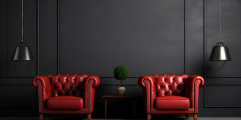 A close up of a red chair and a table with flowers Interior with red sofa chairs in modern living room with black wall on background.