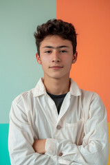 Fototapeta premium A young male with curly hair and light complexion stands confidently in front of a colorful background, wearing a white shirt over a dark t-shirt, arms folded.
