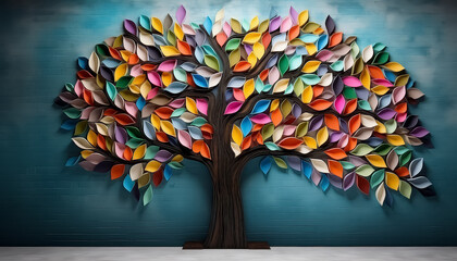 A colorful tree made of paper leaves is hanging on a wall