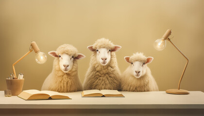 Three sheep are sitting on a table with a book in front of them