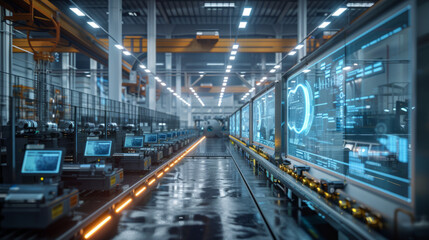 An advanced manufacturing facility featuring a central aisle flanked by high-tech machinery with integrated digital interfaces displaying operational data. - obrazy, fototapety, plakaty