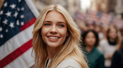 Portrait of beautiful young woman in front of american flag on the street in the crowd of protestors.