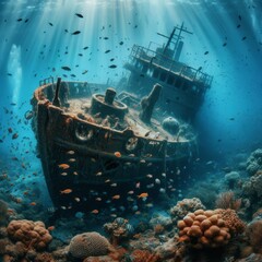 Shipwreck on tropical ocean floor, with fish
 - obrazy, fototapety, plakaty
