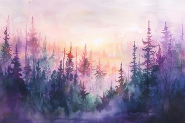 A watercolor painting of a sunrise over the forest, with delicate pastel - obrazy, fototapety, plakaty
