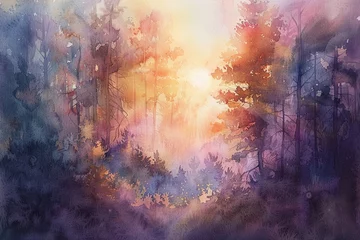 Poster A watercolor painting of a sunrise over the forest, with delicate pastel © EnelEva