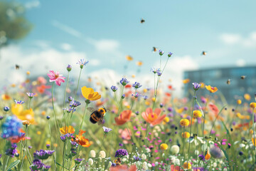 Sunlit meadow with vibrant wildflowers and a bee in flight