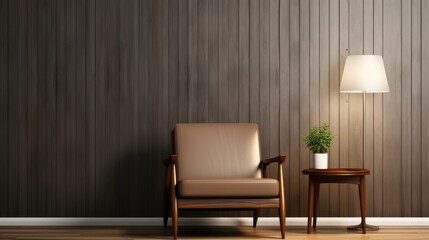 Classic armchair near paneling wall with empty poster frame with copy space. Home interior design of mid century living room