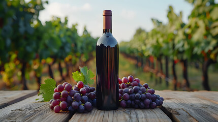 Elegant bottle of red wine with ripe grapes on a rustic wooden table against a vineyard background - obrazy, fototapety, plakaty
