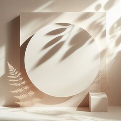 An empty circular frame captures the dance of light and shadow on a plain backdrop, creating a minimalist yet striking visual effect. The play of natural elements within a geometric boundary invites
