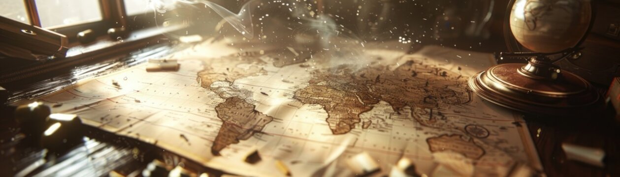 Dust particles dance in the sunlight over an old map on a travel agents cluttered table