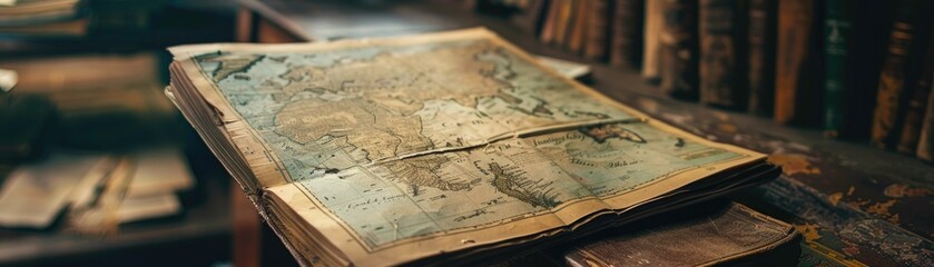 A dusty map, with routes of bygone adventures, sits forgotten on a shelf in a travel agency