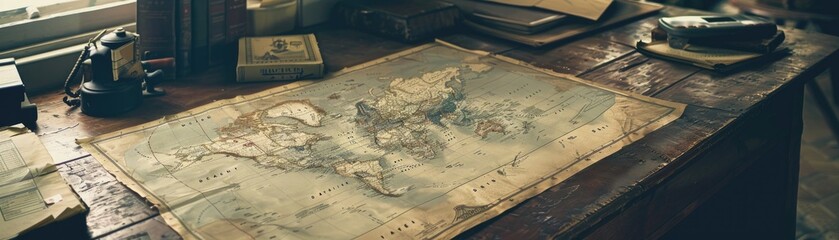 A dusty old map sprawled on a wooden desk in a dimly lit travel agency, forgotten by time - obrazy, fototapety, plakaty