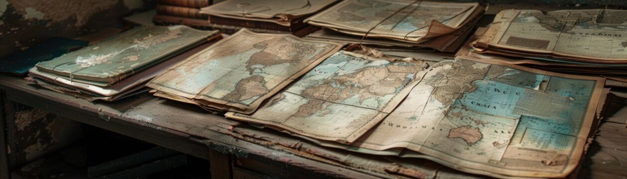 A dusty map, with routes of bygone adventures, sits forgotten on a shelf in a travel agency