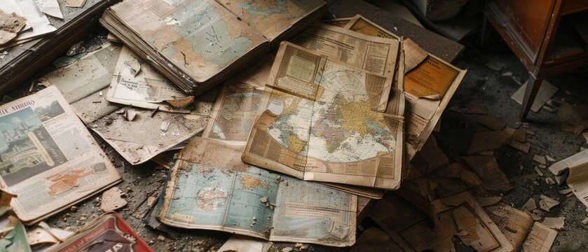 A forgotten map covered in dust, lying among old travel brochures in a derelict agency