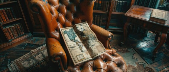 An ancient, dustcovered map spread out on an old leather chair in a travel agencys reading nook - obrazy, fototapety, plakaty