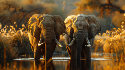 Two elephants standing back to back in a shallow water body at golden hour, with warm sunlight filtering through trees in the background creating a tranquil natural scene.
