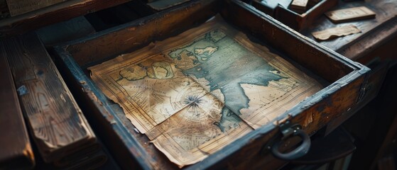 An old pirate map, covered in dust, found in a drawer of a travel agencys ancient desk