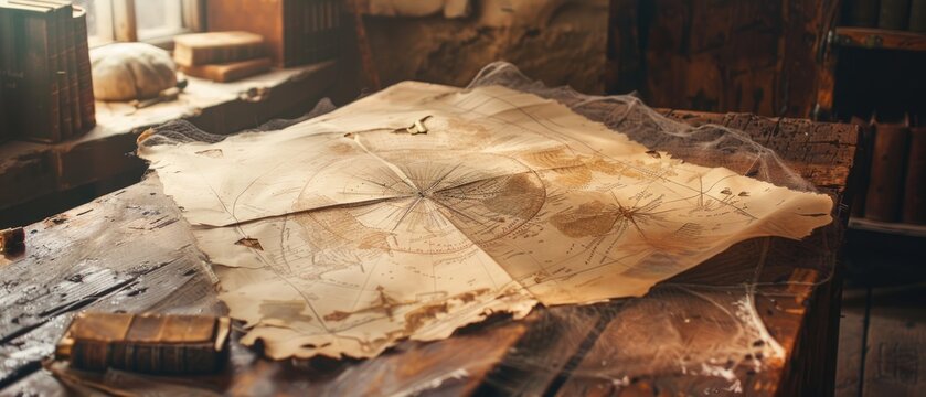 An ancient map covered in cobwebs and dust, hidden in the corner of a quaint travel agency