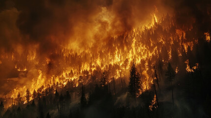 High-intensity wildfire raging through a dense forest, with towering flames engulfing trees and producing thick smoke under an ominous orange sky.
