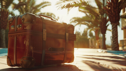 A lone vintage suitcase stands by a poolside, hinting at the end of a vacation story.