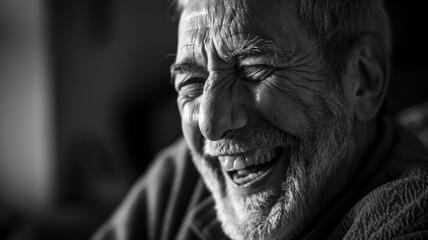 A heartfelt laughter captured in monochrome, depicting the joy and vivacity of an elderly man.