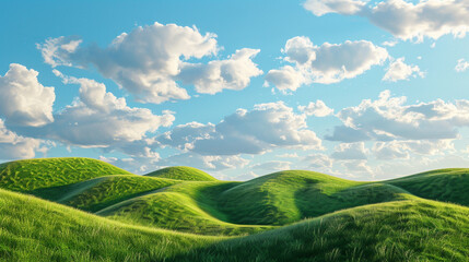 Green hills bask in the sunshine, with a backdrop of fluffy white clouds in a clear blue sky.