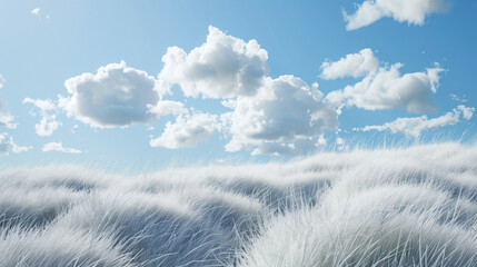 Rolling hills covered in white meet a vast blue sky dotted with white clouds.
