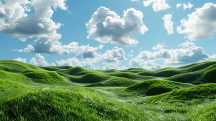 Green hills rise and fall under a beautiful blue sky with wispy white clouds.