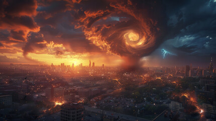 Digital art of a catastrophic scene with a massive tornado engulfing a city at sunset, with lightning flashing in the dark ominous clouds, and fires spreading across the urban landscape. - obrazy, fototapety, plakaty