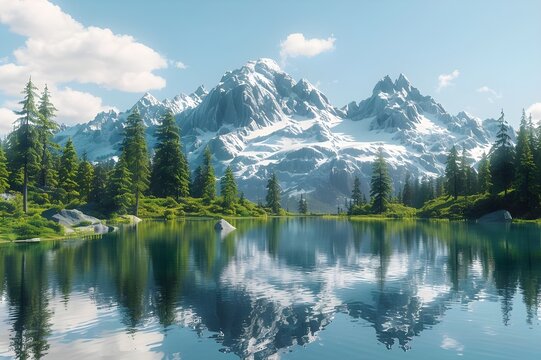 Mountain Reflections - Majestic peaks mirrored in the crystal-clear waters of a tranquil alpine lake.

