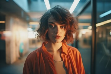 Portrait of a beautiful young woman in the corridor of a modern building