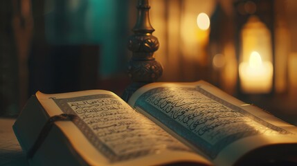Soft-focus image of a Quran open to a specific verse, with the words "Ramadan Mubarak" softly written in the background.