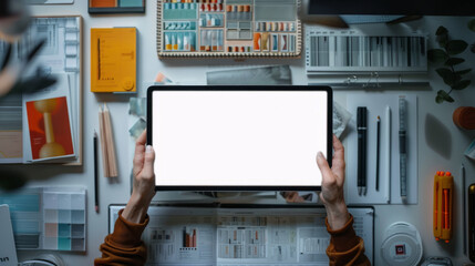 Tablet mockup. Overhead view of a person at a busy desk holding a tablet with a blank screen, surrounded by various office supplies and devices.