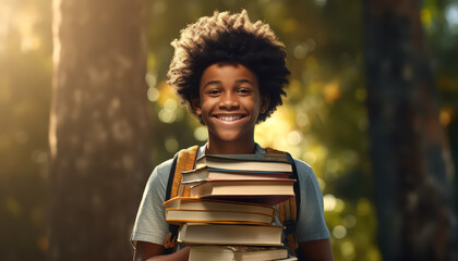 A young boy is smiling and holding a backpack full of books - obrazy, fototapety, plakaty