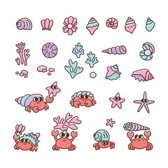 Natural Set of sea or ocean life. Undersea elements funny crabs, shells, pearls, corals, pebbles, starfish. Colorful vector illustration isolated on white background