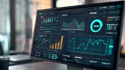 Modern computer monitors displaying dynamic financial analysis graphs and data.