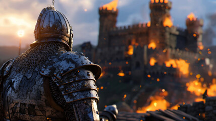 Knight in armor stands before a blazing castle, embodying the spirit of epic battles. - obrazy, fototapety, plakaty