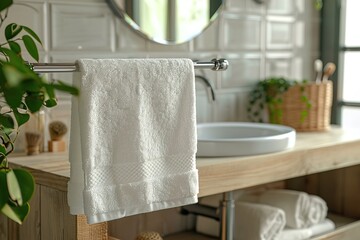 Mockup of white empty blank towel hanging in a well decorated bathroom with a big space for text or product, Generative AI.
