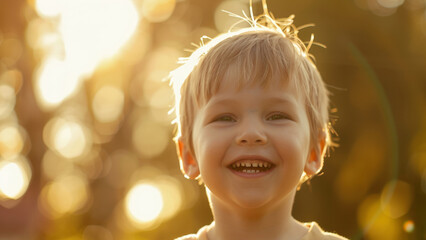 Joyful child basked in the warmth of a sunset's golden embrace. - obrazy, fototapety, plakaty
