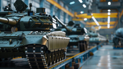 A row of tanks precisely aligned in a military factory setting. - obrazy, fototapety, plakaty