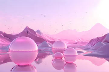 Deurstickers 3D glow modern pink sphere with water landscape wallpaper © Ivanda