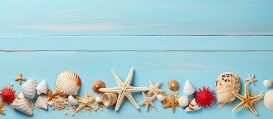 A collection of seashells and starfish arranged in a circle on an azure wooden table, creating a tranquil beachinspired decor