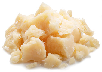 Parmesan cheese pieces isolated on white background.