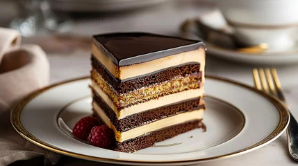 Foto op Plexiglas a slice of the famous Opera cake served invitingly on a beautiful plate © Pekr