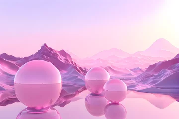 Poster 3D glow modern pink sphere with water landscape wallpaper © Ivanda