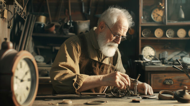 An old watchmaker engrossed in repairing delicate timepieces in a vintage workshop.