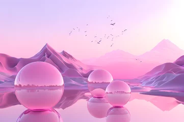 Fototapeten 3D glow modern pink sphere with water landscape wallpaper © Ivanda