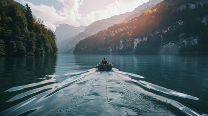 Lone rower embraces serenity, slicing through a glassy lake, flanked by towering cliffs. - obrazy, fototapety, plakaty